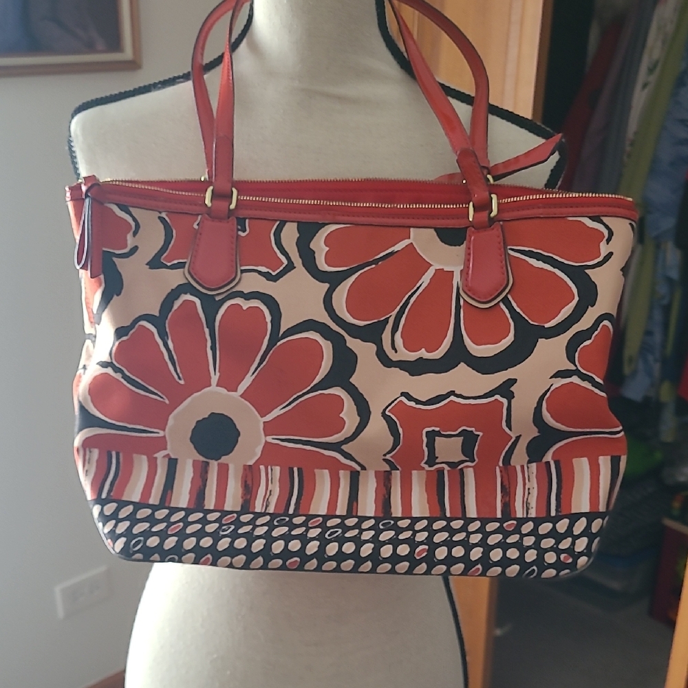 Coach Red and Black Floral Tote Bag